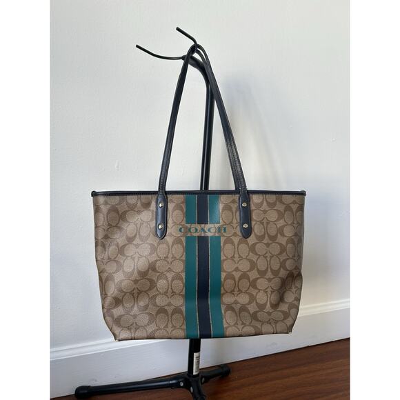 Y2K Coach Signature Monogram Stripes Shoulder Bag Tote Khaki Blue Leather Trim - Picture 1 of 13